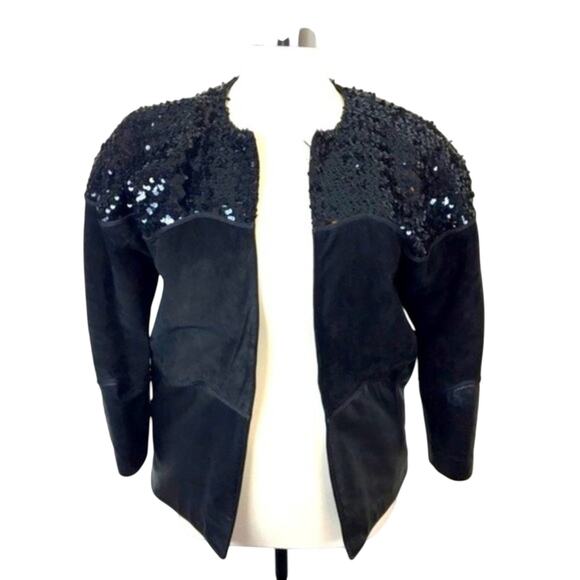 Vintage Glam Rock Oversized Sequin Suede Leather Black Rocker Chic Jacket SZ S - Picture 5 of 16